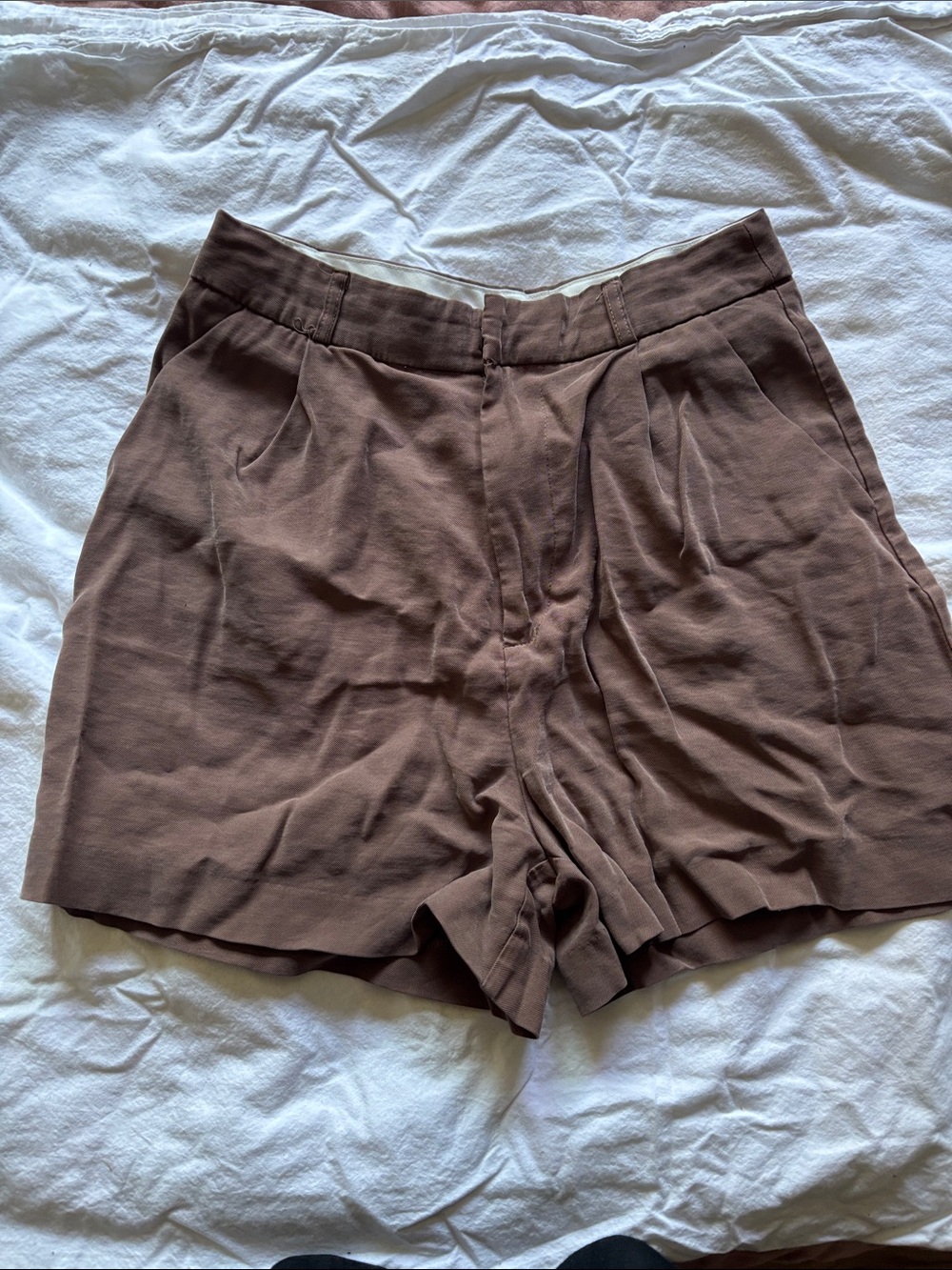 stradivarius High-Waist Pleated Shorts — Brown